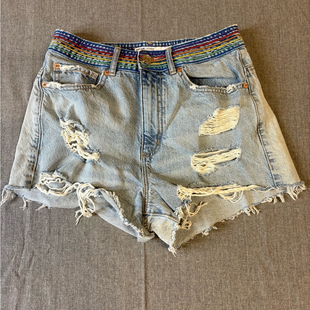 Garage Light Blue Distressed Denim Shorts with Multicolor Woven Waistband